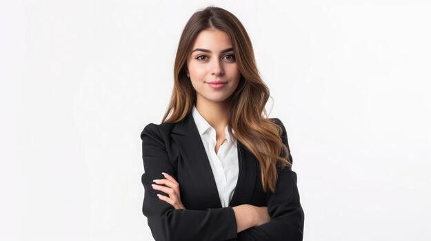 ai generated caucasian successful confident young businesswoman ceo boss bank employee worker manager with arms crossed in formal wear isolated in white background photo